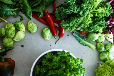 Fresh vegetables flatlay overhead frame. Food layout. Vegetables variety Stock Photos