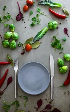 Fresh vegetables flatlay overhead frame. Food layout. Vegetables variety Stock Photos