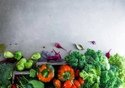 Fresh vegetables flatlay overhead frame. Food layout. Vegetables variety Stock Photos