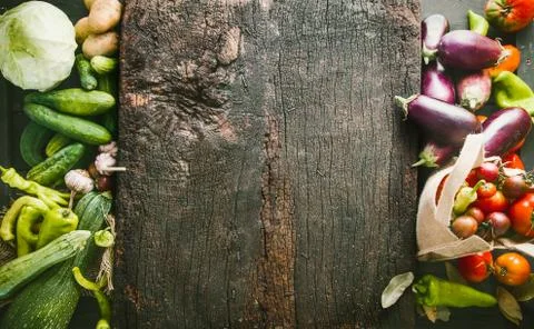 Fresh vegetables flatlay overhead frame. Food layout. Vegetables variety Stock Photos