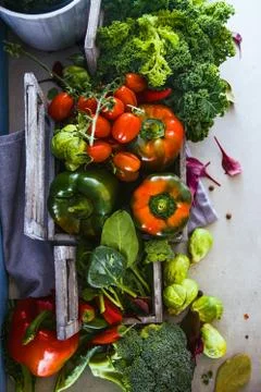 Fresh vegetables flatlay overhead frame. Food layout. Vegetables variety Stock Photos