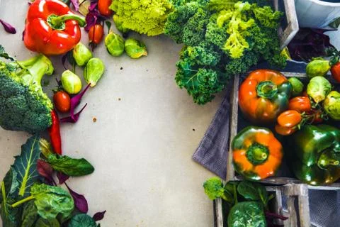 Fresh vegetables flatlay overhead frame. Food layout. Vegetables variety Stock Photos