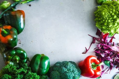 Fresh vegetables flatlay overhead frame. Food layout. Vegetables variety Stock Photos
