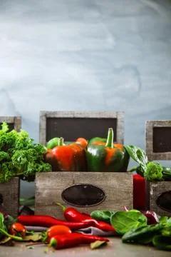 Fresh vegetables flatlay overhead frame. Food layout. Vegetables variety Stock Photos