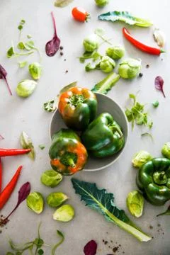 Fresh vegetables flatlay overhead frame. Food layout. Vegetables variety Stock Photos