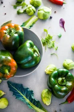 Fresh vegetables flatlay overhead frame. Food layout. Vegetables variety Stock Photos