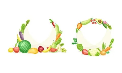Fresh vegetables frames set. Templates with organic healthy food and copy space Stock Illustration