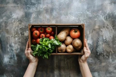 Fresh vegetables in hands on rustic background Stock Photos