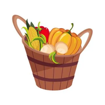 Fresh Vegetables Harvest Set In Wooden Bucket, Farm And Farming Related Stock Illustration
