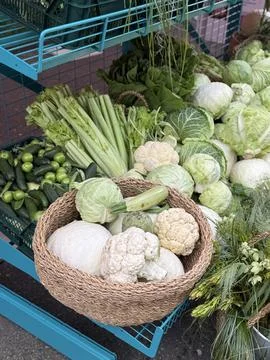 Fresh vegetables including cabbage, cauliflower and cucumbers at farmers ma.. Stock Photos