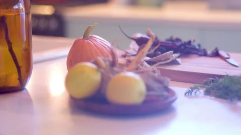 Fresh vegetables on kitchen worktop Stock Footage 76198586