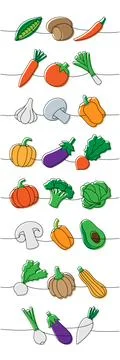 Fresh vegetables one line colored continuous drawing. Potato, chili pepper Stock Illustration