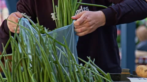 Fresh Vegetables Packed Into Plastic Bag at Local Farmers Market, Slow Motion 스톡 동영상 332356681