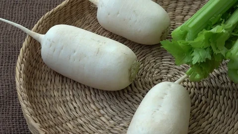 Fresh vegetables radish celery. Uncooked vegetables Stock Footage 104755181