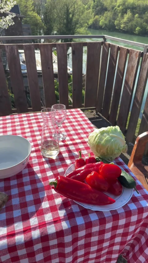 Fresh vegetables on rustic picnic table with copy space Stock Footage 333571963