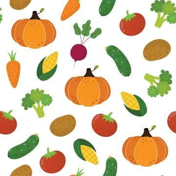 Fresh vegetables seamless pattern in cartoon style. Healthy food doodle 스톡 일러스트