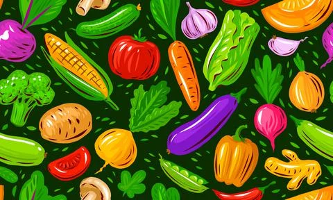 Fresh vegetables seamless pattern. Farm organic food concept. Background vector Stock Illustration