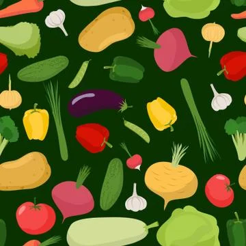 Fresh vegetables seamless pattern. Vector background of tomatoes and cucumber Stock Illustration