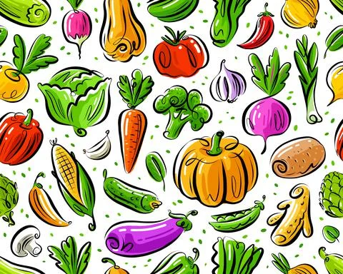 Fresh vegetables seamless pattern. Vegetarian healthy farm organic food Stock Illustration