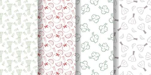 Fresh vegetables set of hand drawn seamless patterns Stock Illustration