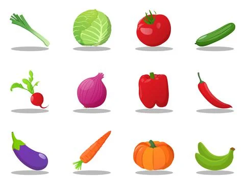 Fresh Vegetables Set with Tomatoes, Cabbage, leek, cucumber, Onion, Plantain Stock Illustration