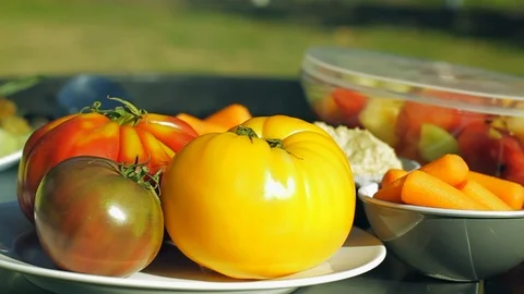 Fresh vegetables sitting on plates next to a smoking barbeque in the sunshine. 스톡 동영상 88438340