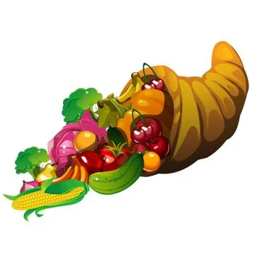 Fresh vegetables spilling from a cornucopia isolated on white background. Vector Stock Illustration