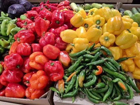 Fresh vegetables at the store. Peppers Fotos de archivo