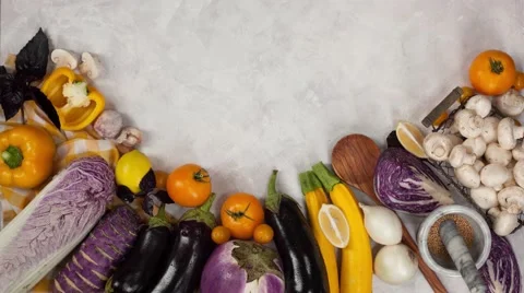 Fresh Vegetables table top view copyspace stop motion and time-lapse 4k Stock Footage 67861389