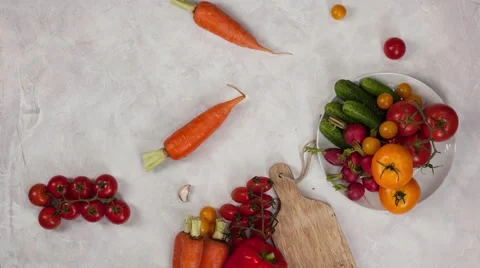 Fresh Vegetables table top view copyspace stop motion and time-lapse 4k Stock Footage 67861426