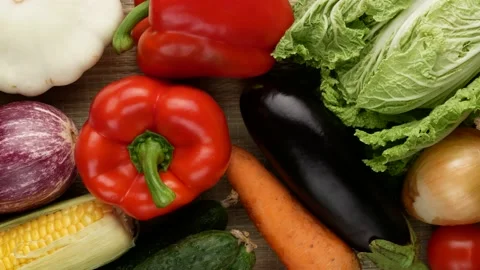 Fresh vegetables, top view. The concept of healthy eating. Video stock 137766564