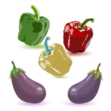Fresh vegetables vector set, colorful bell peppers and ripe purple eggplants Ilustración de archivo