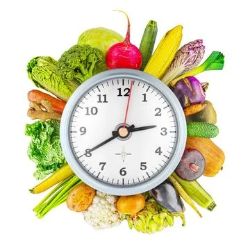 Fresh Vegetables with wall clock, 3d rendering イラスト素材