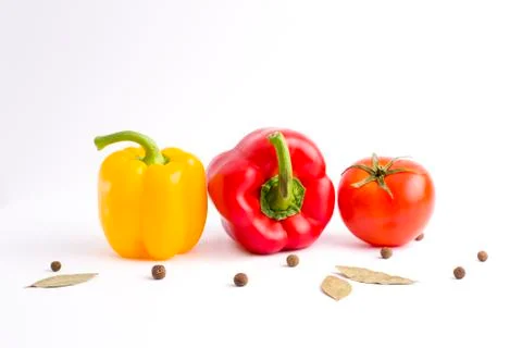 Fresh vegetables on a white background. Composition from vegetables. Red and Stock Photos