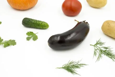 Fresh vegetables on a white background, flat lay: Potatoes, pumpkin, dill, to Stock Photos
