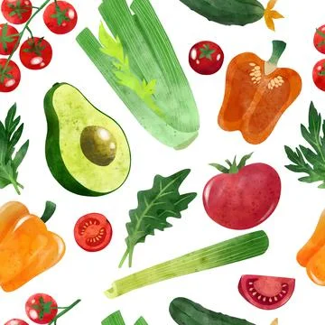 Fresh veggies, seamless pattern, hand drawn vector Stock Illustration
