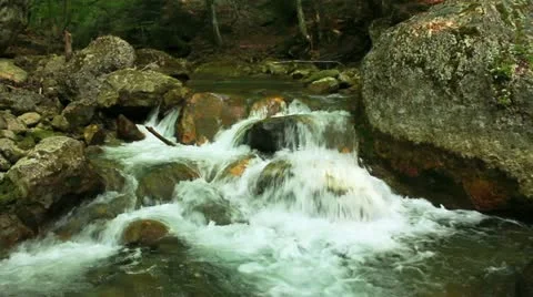 Fresh water stream with waterfall in mountain forest Vidéo 21260118