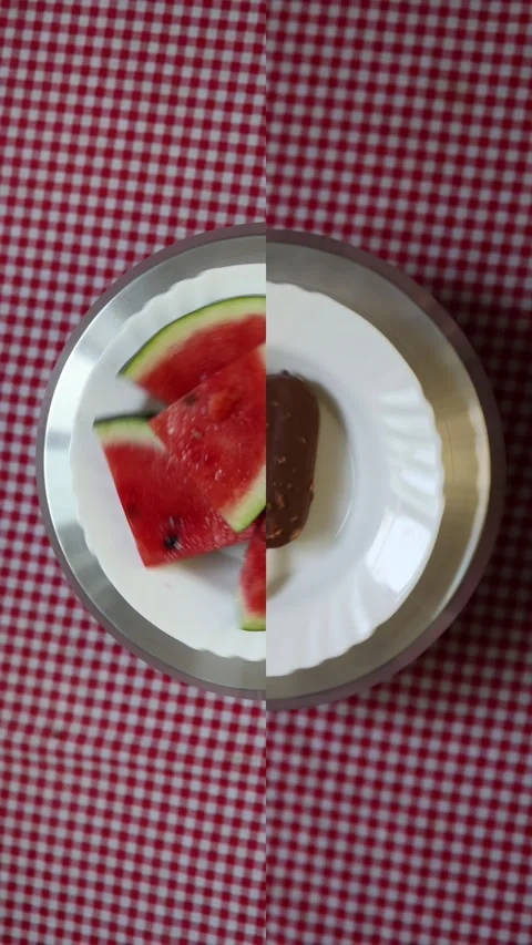 Fresh watermelon compared with ice cream for healthier food choices Stock Footage 340220448