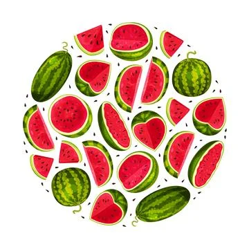 Fresh Watermelon Round Composition Design with Juicy Red Fruit Vector Template Illustrazione stock