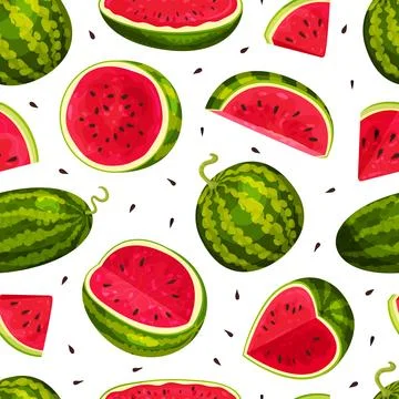 Fresh Watermelon Seamless Pattern Design with Juicy Red Fruit Vector Template Stock Illustration