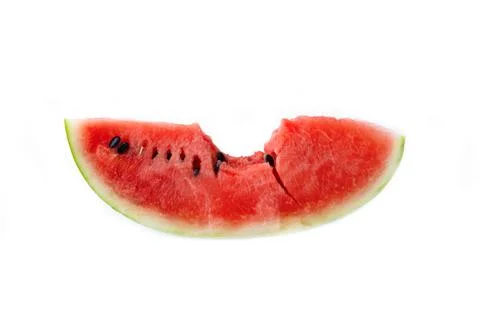 Fresh watermelon slice in half with bite mark. Fruits isolated on white backg Foto stock