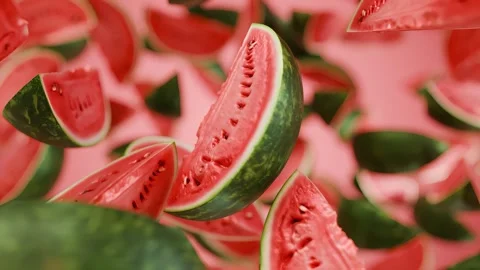Fresh watermelon slices falling and floating through the air Stock Footage 329562431