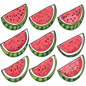 Fresh watermelon slices pattern scattered randomly. Juicy red watermelon pieces Stock Illustration
