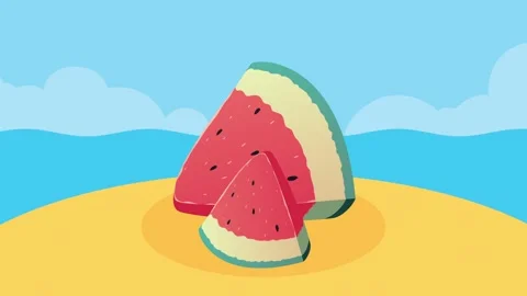 Fresh watermelon slices sitting on sandy beach with blue ocean and summer c.. Stock Footage 339261444