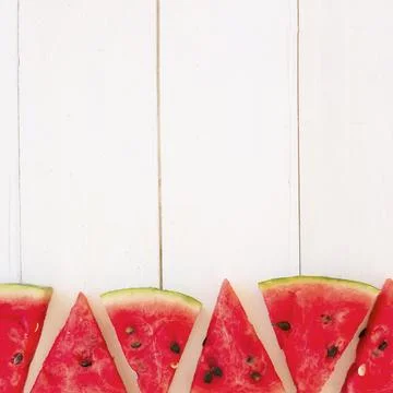 Fresh watermelon slices triangular shape wooden plank Fotos Stock