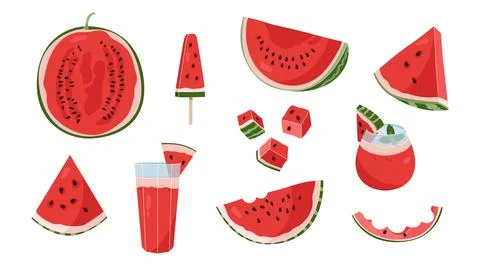 Fresh watermelon vector illustrations set with slices juice popsicles and cub Ilustração Stock