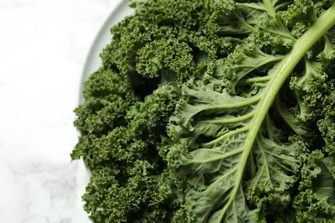 Fresh wet kale leaves on light table, closeup Stock Photos