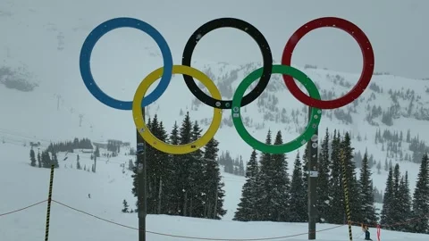 Fresh White Snow Falling On The Historic Olympic Rings Of Whistler Blackcomb Stock Footage 333270845