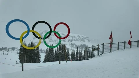 Fresh White Snow Falling On The Olympic Rings Of Whistler Blackcomb Mountain Stock Footage 333270839