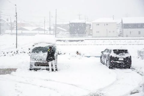 Fresh white snow falling in winter season at Kawaguchiko,Japan 스톡 사진